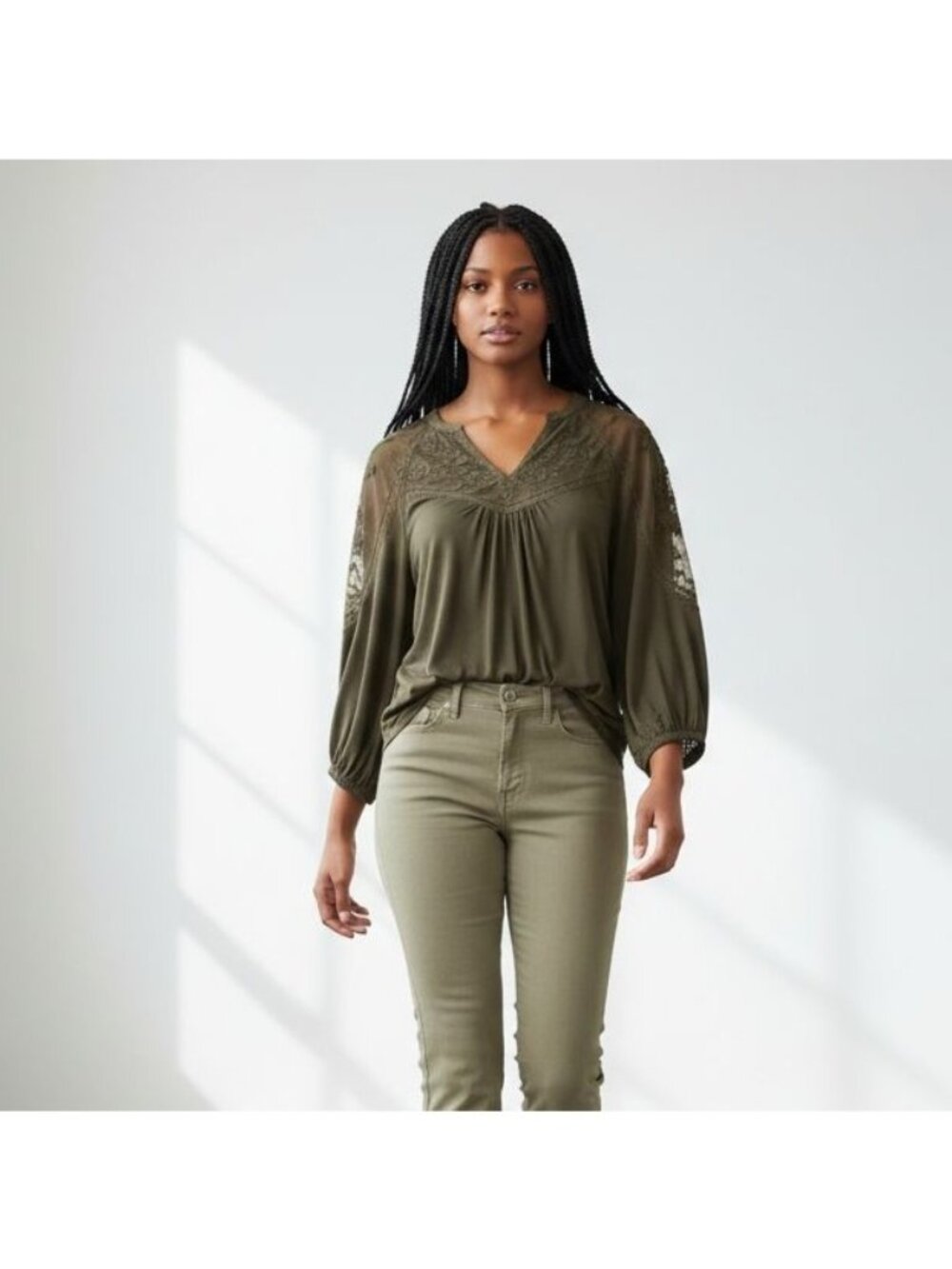 NEW Lauren Ralph Lauren Embroidered Jersey Blouson-Sleeve Top Botanic Green XL W